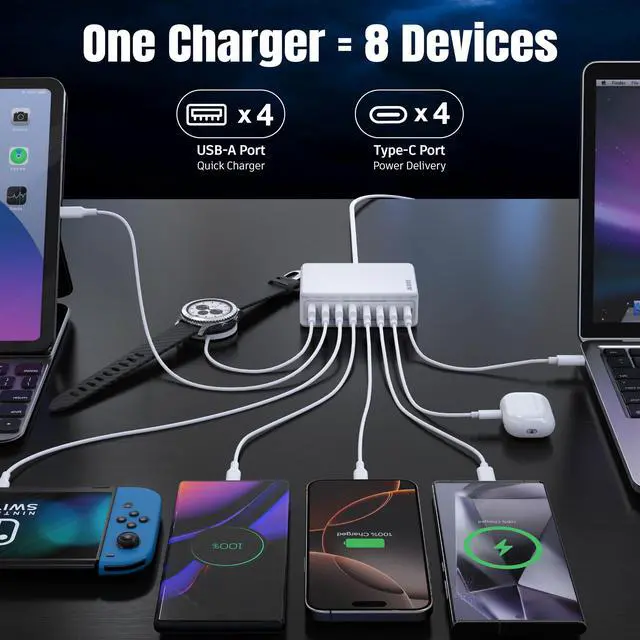 Alt view image 5 of 5 - 200W GaN III 8-Ports USB C Fast Charger, Type C Block, QC4.0 Fast Phone Charging Station Hub PD 65W Laptop Charger Power Adapter for iPad/Air/Pro iPhone 16/15 MacBook Pro/Air, Dell, Steam Deck