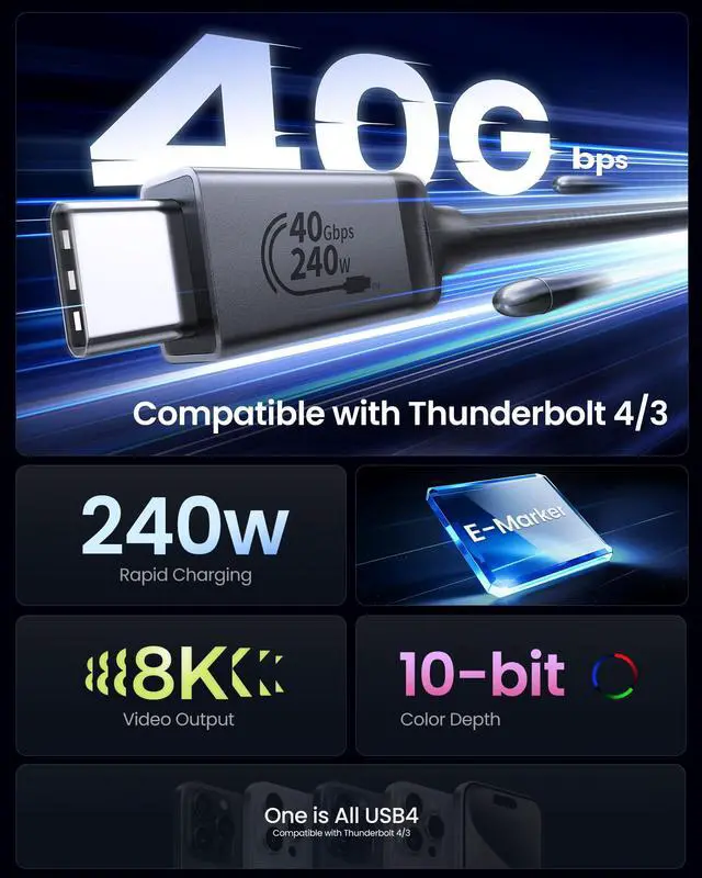 Alt view image 2 of 5 - Silkland USB 4 Cable for Long Thunderbolt 4 Cable 10FT, 40Gbps/8K Display/240W Charging, USB C Thunderbolt 3 Cable 3M, USB C Monitor Cable Compatible for MacBook, Dock, iPhone 16/15, ARZOPA, KYY, SSD