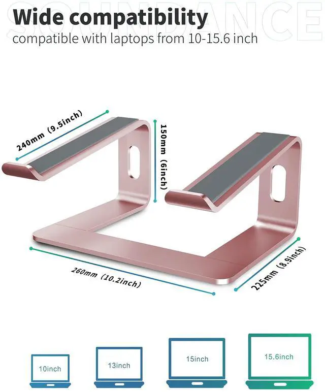 Alt view image 2 of 5 - SOUNDANCE Laptop Stand, Aluminum Computer Riser, Ergonomic Laptops Elevator for Desk, Metal Holder Compatible with 10 to 15.6 Inches Notebook Computer, Gold Pink
