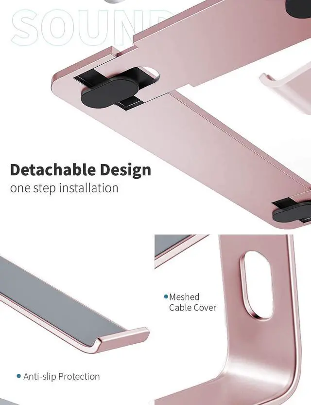 Alt view image 5 of 5 - SOUNDANCE Laptop Stand, Aluminum Computer Riser, Ergonomic Laptops Elevator for Desk, Metal Holder Compatible with 10 to 15.6 Inches Notebook Computer, Gold Pink