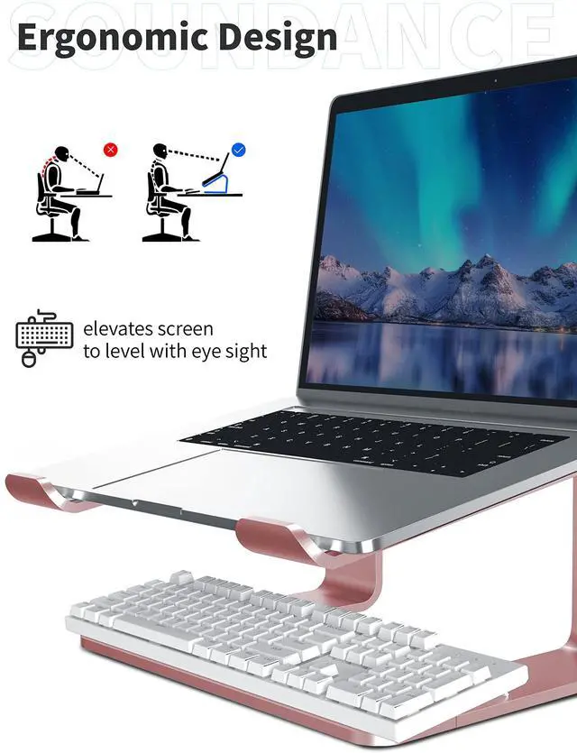 Alt view image 3 of 5 - SOUNDANCE Laptop Stand, Aluminum Computer Riser, Ergonomic Laptops Elevator for Desk, Metal Holder Compatible with 10 to 15.6 Inches Notebook Computer, Gold Pink