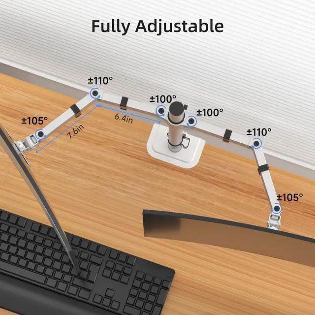 Alt view image 3 of 5 - Suptek Dual Monitor Desk Mount, Adjustable Dual Monitor Arm for 2 Monitor Screens up to 38 inch, Extra Tall 15.75" Pole Monitor Stand for Desk, Holds up to 22 lbs,Silver(MD9442MS)