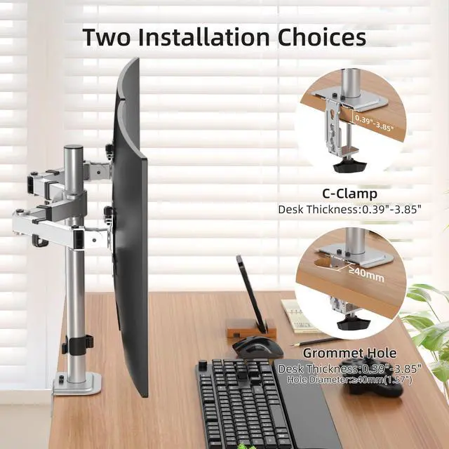 Alt view image 4 of 5 - Suptek Dual Monitor Desk Mount, Adjustable Dual Monitor Arm for 2 Monitor Screens up to 38 inch, Extra Tall 15.75" Pole Monitor Stand for Desk, Holds up to 22 lbs,Silver(MD9442MS)