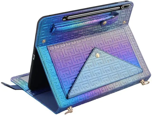 Alt view image 2 of 5 - Shiny Case for Samsung Galaxy Tab S10 Ultra/S9 Ultra/S8 Ultra 14.6" Handbag with Pen Holder, Techcircle Iridescent PU Folio Envelope Pocket Stand Cover with Hand Strap+Shoulder Strap, Shiny Indigo