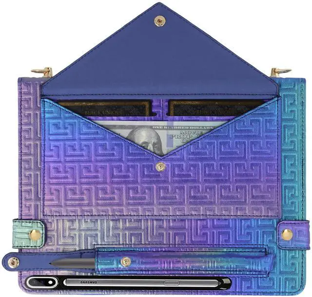 Alt view image 3 of 5 - Shiny Case for Samsung Galaxy Tab S10 Ultra/S9 Ultra/S8 Ultra 14.6" Handbag with Pen Holder, Techcircle Iridescent PU Folio Envelope Pocket Stand Cover with Hand Strap+Shoulder Strap, Shiny Indigo