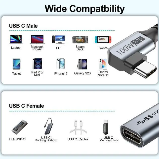 Alt view image 2 of 5 - URELEGAN USB C Extension Cable 3 FT 5-Pack, USB 3.2 Gen2 USBC Extender (10Gbps) Right Angle 100W Charging Cord 4K Video, USBC Male to Female Cable for Video/TV Game Player, Laptop, Tablet and Phone