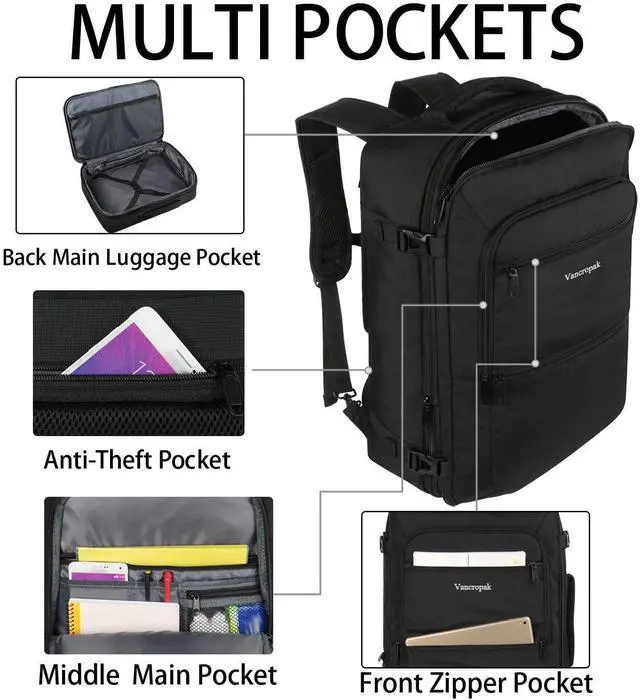 Alt view image 5 of 5 - Vancropak Carry On Backpack, 50L Expandable Extra Large Travel Backpack, Flight Approved Water Resistant Luggage Suitcase Daypack, Lightweight Business Overnight Weekender Bag for Men & Women, Black