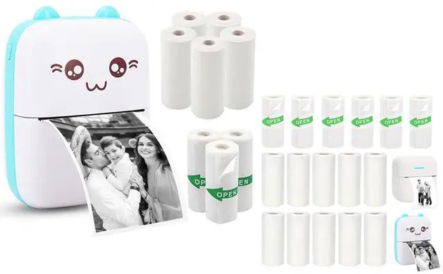 Main image of Vicbear Mini Pocket Printer Set with 8 Rolls Printing Paper + 16 Rolls Sticker/White Plain Paper Set, Blue