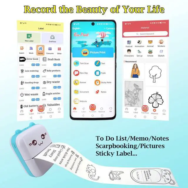 Alt view image 3 of 5 - Vicbear Mini Pocket Printer Set with 8 Rolls Printing Paper + 16 Rolls Sticker/White Plain Paper Set, Blue