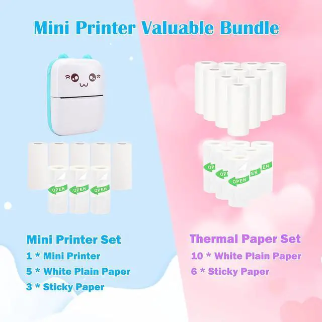 Alt view image 2 of 5 - Vicbear Mini Pocket Printer Set with 8 Rolls Printing Paper + 16 Rolls Sticker/White Plain Paper Set, Blue