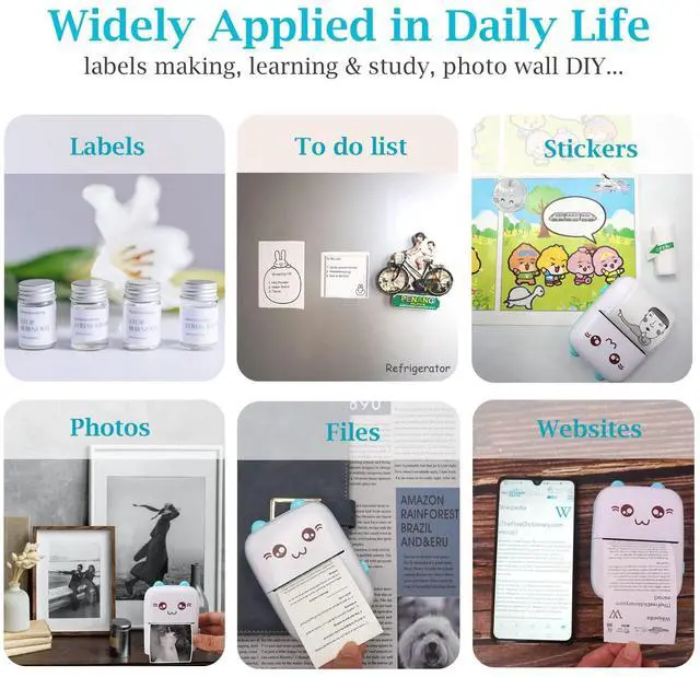 Alt view image 4 of 5 - Vicbear Mini Pocket Printer Set with 8 Rolls Printing Paper + 16 Rolls Sticker/White Plain Paper Set, Blue