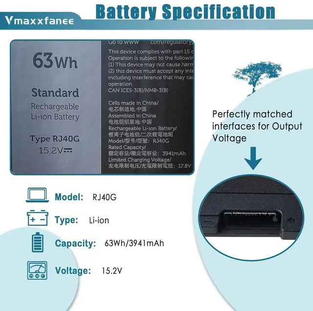 Alt view image 2 of 5 - Vmaxxfanee RJ40G 63Wh Battery Replacement for Dell Latitude 14 5420 Latitude 15 5520 Precision 15 3560 Series Laptop 01K2CF 075X16 WY9DX P104F P104F001 P137G P137G001 0M3KCN 0WK3F1 L73965-271