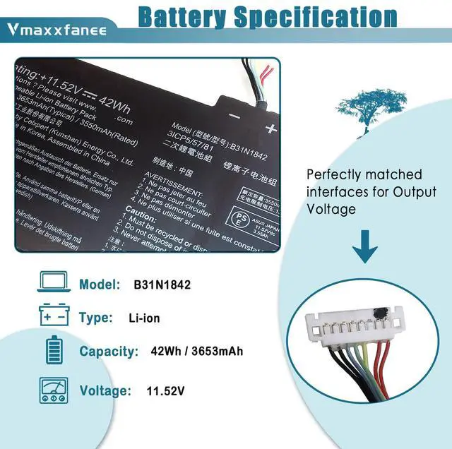 Alt view image 2 of 5 - B31N1842 42Wh Laptop Battery Replacement for ASUS VivoBook S15 S531FA S531FL K531FA K531FL X531FA X531FL M513IA M513UA K513EA F513EA F513EP S513EA S513EP S513EQ V531FA V531FL X513EA X513EPI 10 001