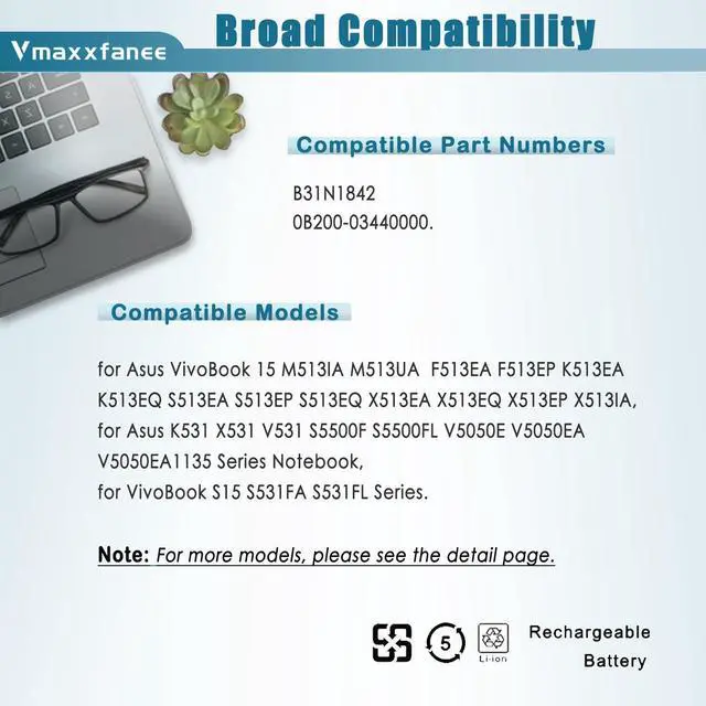 Alt view image 5 of 5 - B31N1842 42Wh Laptop Battery Replacement for ASUS VivoBook S15 S531FA S531FL K531FA K531FL X531FA X531FL M513IA M513UA K513EA F513EA F513EP S513EA S513EP S513EQ V531FA V531FL X513EA X513EPI 10 001