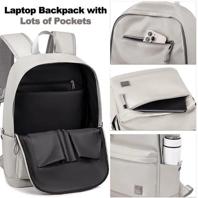 Alt view image 3 of 5 - weiatas Leather Laptop Backpack for Men Women Work, Lightweight School Backpack Bookbag for College Students, Waterproof Casual Daypack Travel Computer Backpack fits 15.6 (Grey)