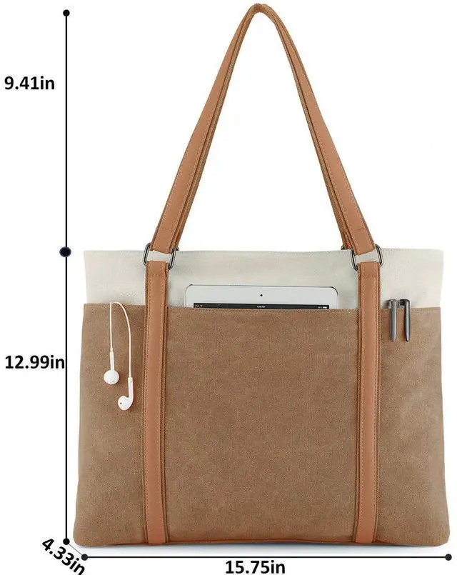 Alt view image 2 of 5 - Wxnow Laptop Tote Bag for Women, Large Canvas Work Bags, 15.6 Inch Computer Briefcase Shoulder Bag for Office, Business, Travel, School Brown