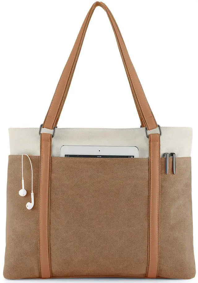 Main image of Wxnow Laptop Tote Bag for Women, Large Canvas Work Bags, 15.6 Inch Computer Briefcase Shoulder Bag for Office, Business, Travel, School Brown