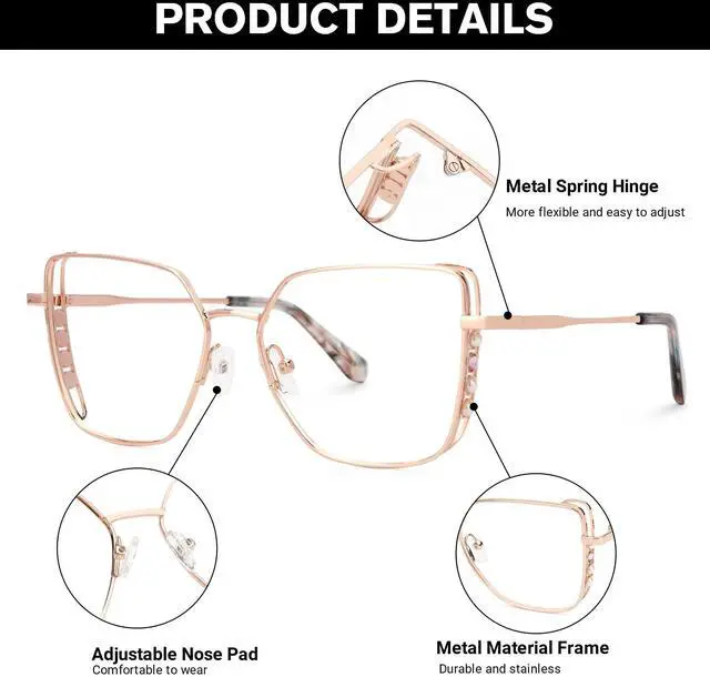 Alt view image 3 of 5 - Zeelool Blue Light Blocking Glasses, Metal Glasses Frame for Women Eyewear with Clear Lenses Anti Eyestrain & UV from Computer/TV/Phone ZJGM468946-01B