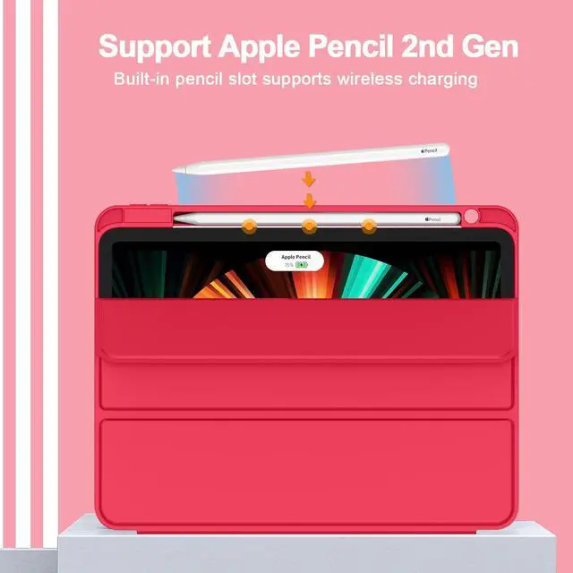 Alt view image 2 of 5 - ZryXal New iPad Pro 12.9 Inch Case 2022/2021/2020(6th/5th/4th Gen) with Pencil Holder,Smart iPad Case [Support Touch ID and Auto Wake/Sleep] with Auto 2nd Gen Pencil Charging (Red)