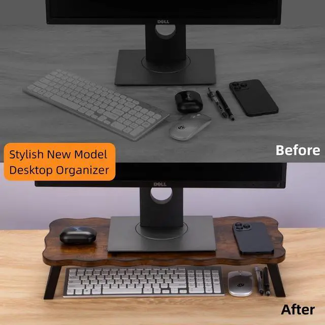 Alt view image 2 of 5 - Monitor Stand Riser, Wooden Computer Stand for Desk, Wood and Steel Multi-Purpose Desktop Storage Laptop Riser Desk Shelf for Computer, Laptop, PC, Printer, 21.65 x 9.45 x 3.94 Inch Length (Brown/1 Pc