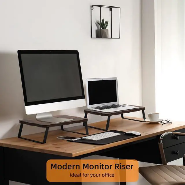 Alt view image 3 of 5 - Monitor Stand Riser, Wooden Computer Stand for Desk, Wood and Steel Multi-Purpose Desktop Storage Laptop Riser Desk Shelf for Computer, Laptop, PC, Printer, 21.65 x 9.45 x 3.94 Inch Length (Brown/1 Pc