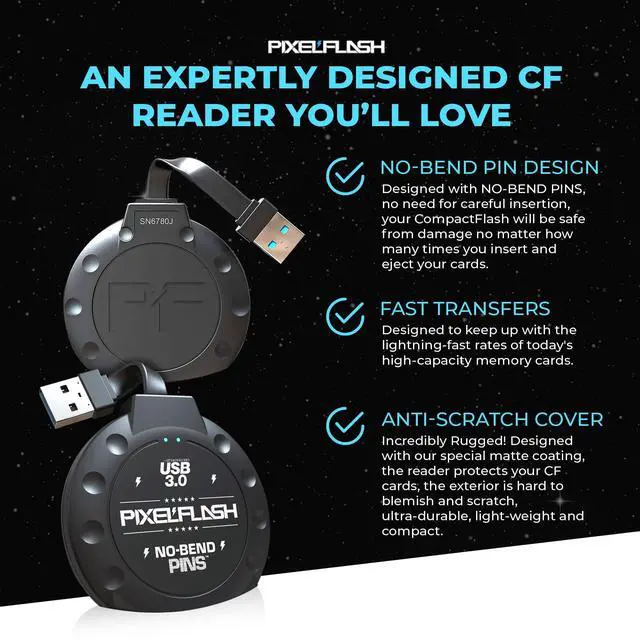 Alt view image 5 of 5 - PixelFlash CF Card Reader (Black) - Compact Flash Memory Card Adapter with Cabled USB 3.0, 5GB/s File Transfer, No-Bend Pins, Supports UDMA-7, Anti-Slip & Anti-Scratch, Compatible to Most Brands & OS