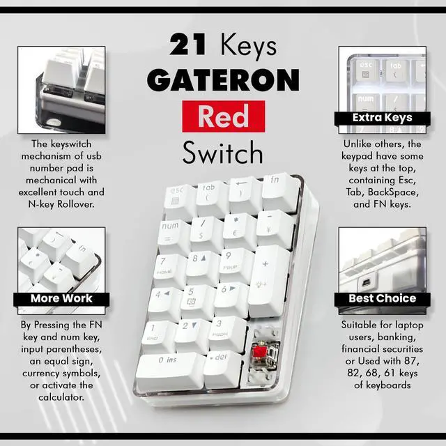 Alt view image 3 of 5 - Qisan Mechanical Numeric Keypad GATERON Red Switch Wired Crystal Case White Backlit Gaming Keypad 21 Keys Mini Numpad Portable Mechanical Numpad Extended | Laptop Accessories | keypad for Computer