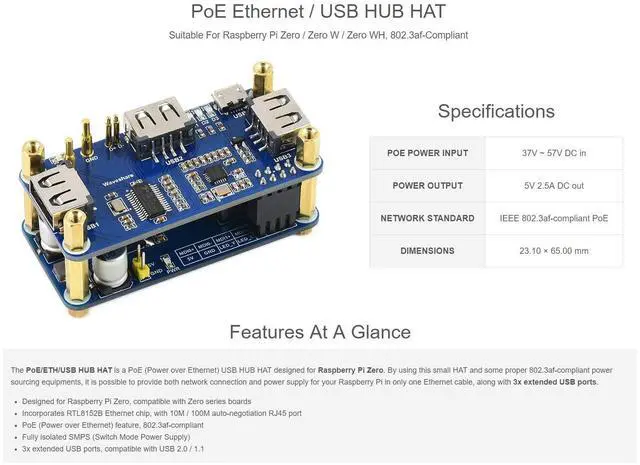 Alt view image 4 of 5 - Waveshare PoE Ethernet/USB HUB HAT, Compatible with Raspberry Pi Zero/Zero W/4B/3B/3B+, 3X USB 2.0 Ports, 802.3af-Compliant