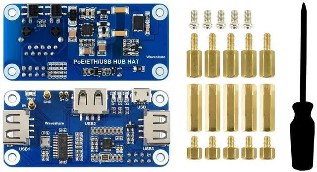 Alt view image 3 of 5 - Waveshare PoE Ethernet/USB HUB HAT, Compatible with Raspberry Pi Zero/Zero W/4B/3B/3B+, 3X USB 2.0 Ports, 802.3af-Compliant