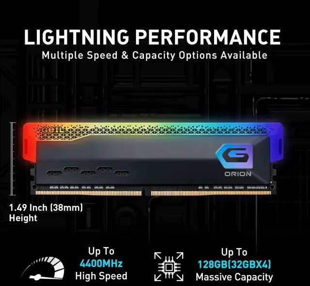 Alt view image 2 of 5 - GeIL Orion RGB DDR4 RAM, 16GB (8GBx2) 3200MHz 1.35V XMP2.0, Intel/AMD Compatible, Long DIMM High Speed Desktop Memory, Hardcore Immersive Gaming/Multimedia Content Creation/Quality Live Streaming