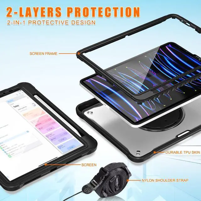 Alt view image 4 of 5 - Batianda Ultimate Protective Case for iPad Pro 11-inch 2022 4th M2 Chip /2021 (3rd Generation) Rugged Shockproof Tablet Cover with 360° Rotatable Kickstand & Shoulder Strap & Pencil Holder, Black