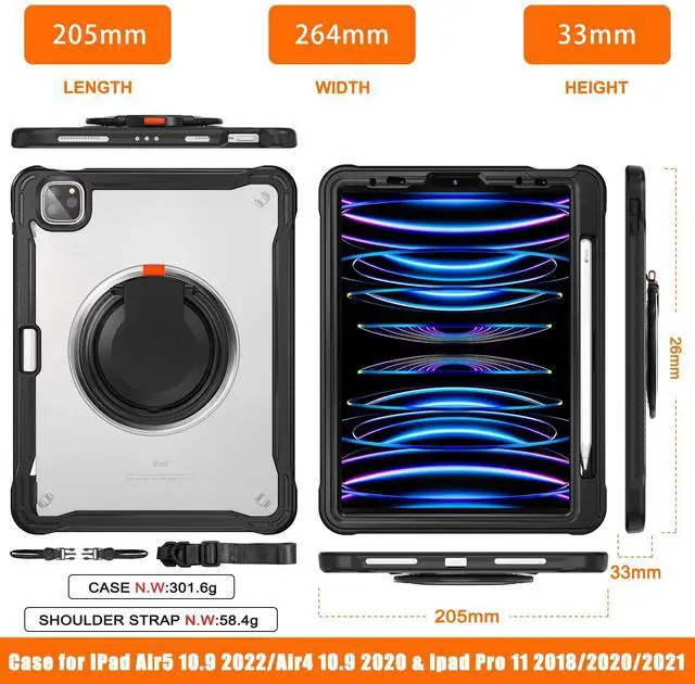 Alt view image 5 of 5 - Batianda Ultimate Protective Case for iPad Pro 11-inch 2022 4th M2 Chip /2021 (3rd Generation) Rugged Shockproof Tablet Cover with 360° Rotatable Kickstand & Shoulder Strap & Pencil Holder, Black