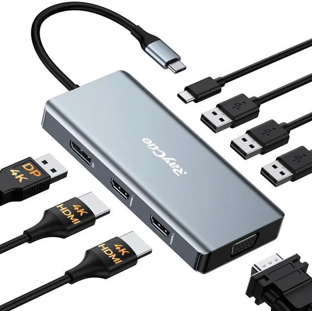 Main image of USB C Docking Station Dual Monitor Adapter, Laptop Docking Station 3 Monitors Quadruple Display USB C Hub Dongle to 4K HDMI+DP+VGA