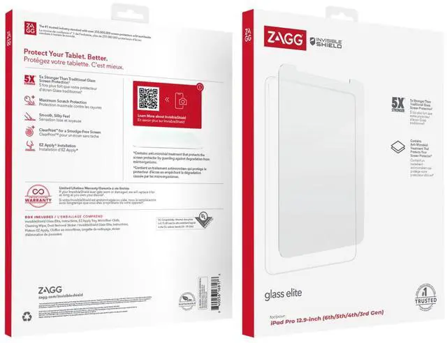 Main image of ZAGG InvisibleShield Glass Elite Screen Protector for iPad Pro 12.9 Inch (6th, 5th, 4th, 3rd Generation), 5X Stronger Scratch Protection, Anti-Fingerprint, Smooth Feel, Easy to Install - Clear