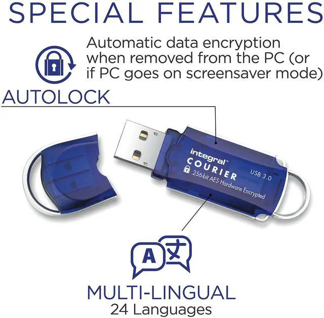 Alt view image 4 of 5 - Integral 32GB Courier-197 256-Bit Hardware Encrypted 3.0 USB Secure Flash Memory Drive - Certified to FIPS 197, Brute-Force Password Attack Protection & Super USB3.0 Transfer Speeds
