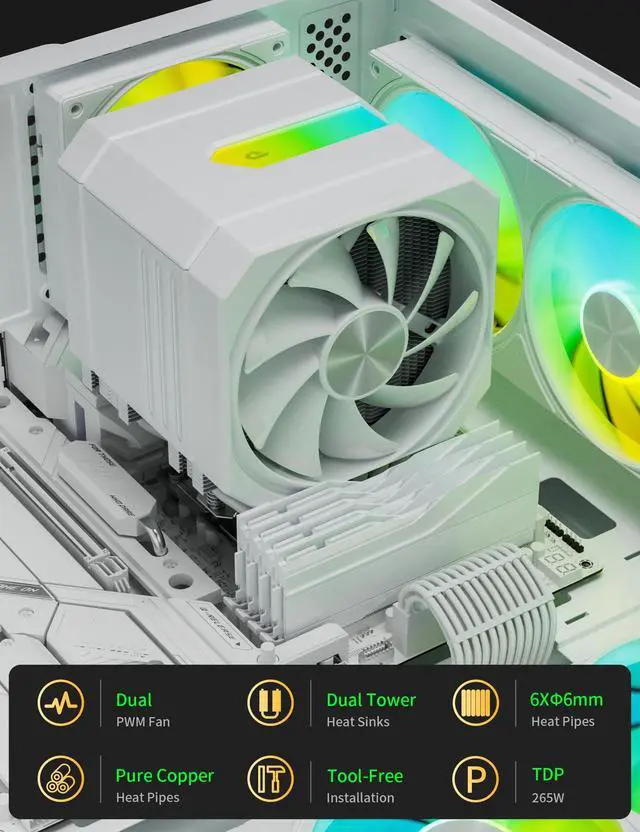 Alt view image 5 of 5 - CPU Air Cooler with 6X6mm Heat Pipes,Dual 120mm Fan ARGB CPU Cooler 1600rmp,CPU Air Cooler AMD AM5/AM4/AM3 Series,CPU Air Cooler 6.22 Height compatible with Intel LGA 1851/1700/1150/1155/2011(White)