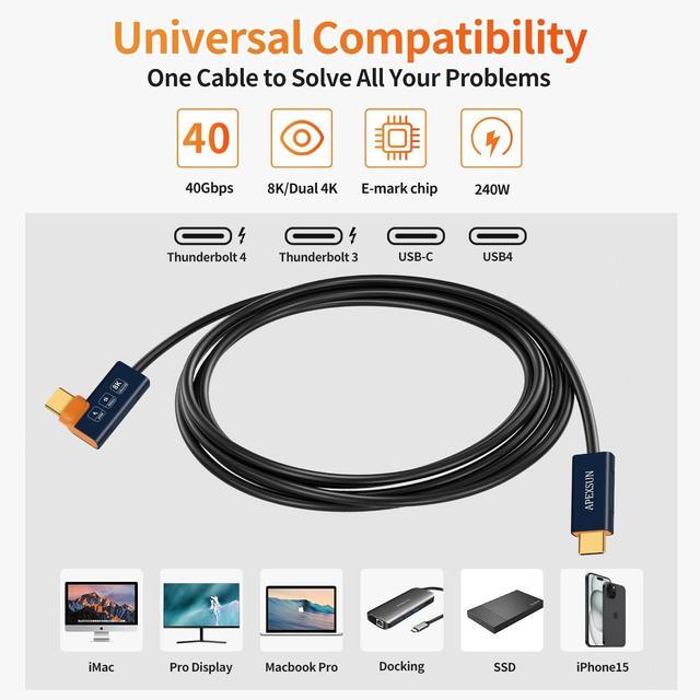 Alt view image 2 of 5 - APEXSUN [2 Pack Elbow M/M Coaxial 4.0FT USB C CableUSB C to USB C Cable Support Thunderbolt 4/3,USB4,240W Charging,8K Display,40Gbps Data Transfer for SSD, EGPU,Docking,MacBook,Pad, Phone