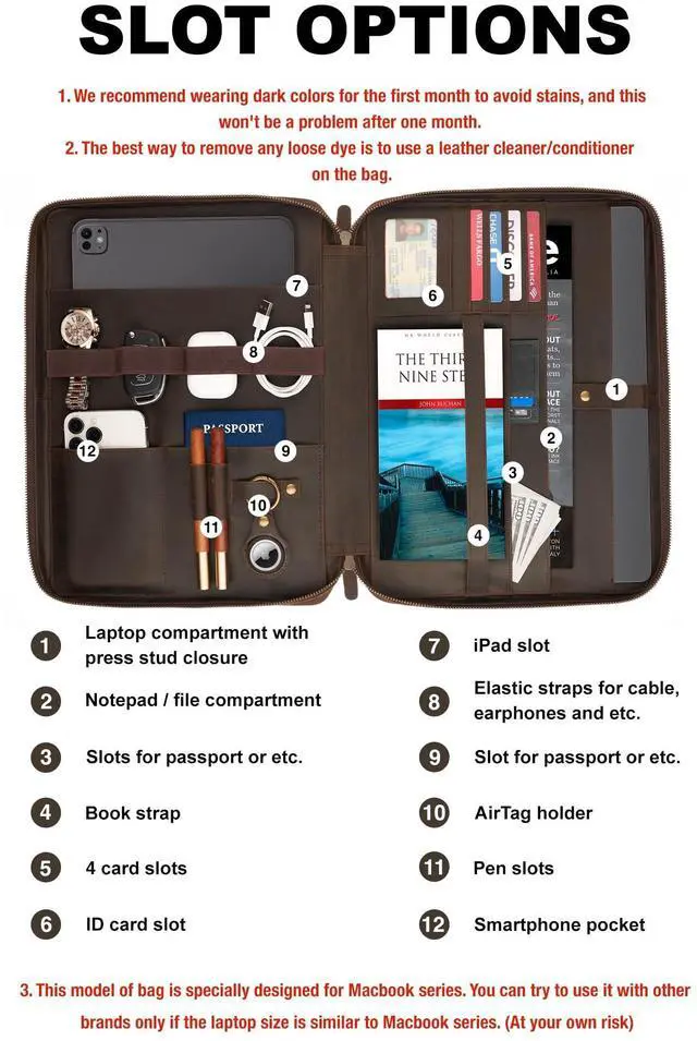 Alt view image 2 of 5 - Awesometik Leather Organizer,Macbook Bag Genuine Full Grain Leather, Crazy Horse Leather Portfolio Bag with Multiple Slots (Brown, Up to 14 inch)