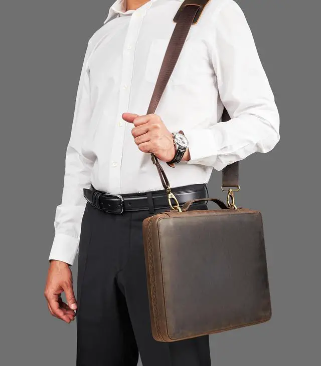 Alt view image 4 of 5 - Awesometik Leather Organizer,Macbook Bag Genuine Full Grain Leather, Crazy Horse Leather Portfolio Bag with Multiple Slots (Brown, Up to 14 inch)