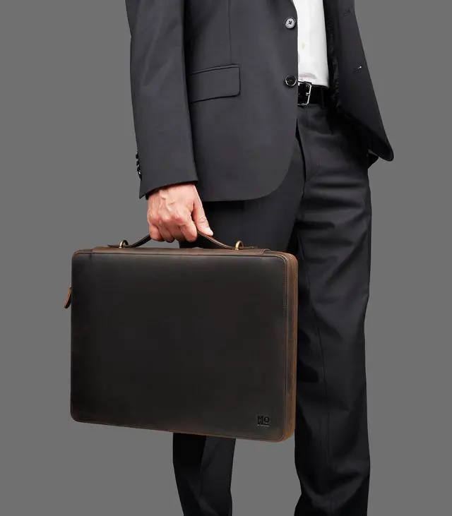 Alt view image 5 of 5 - Awesometik Leather Organizer,Macbook Bag Genuine Full Grain Leather, Crazy Horse Leather Portfolio Bag with Multiple Slots (Brown, Up to 14 inch)