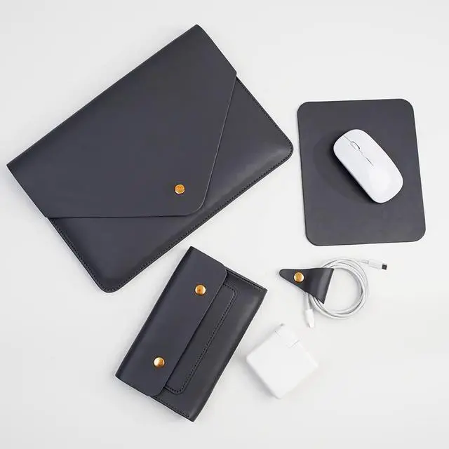 Main image of Benfan PU Leather Laptop Sleeve 13 Inch Compatible for 2024 13inch MacBook Air M3,13 MacBook Pro M2, Surface Pro 3 4 5 6 7, Dell XPS 13 with Small Pouch, Mouse Pad and Cord Organizer Color Dark Grey