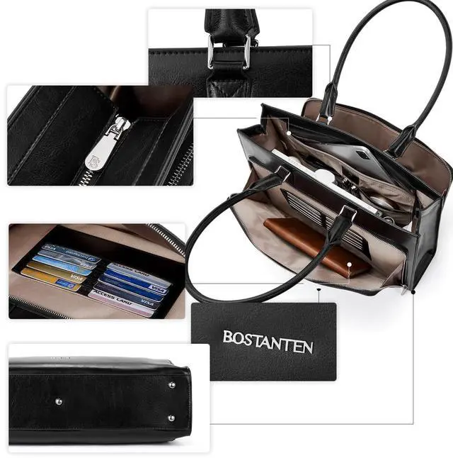 Alt view image 5 of 5 - BOSTANTEN Leather Briefcase for Women Vintage 15.6 inch Laptop Bag for Women Business Shoulder Handbag Black