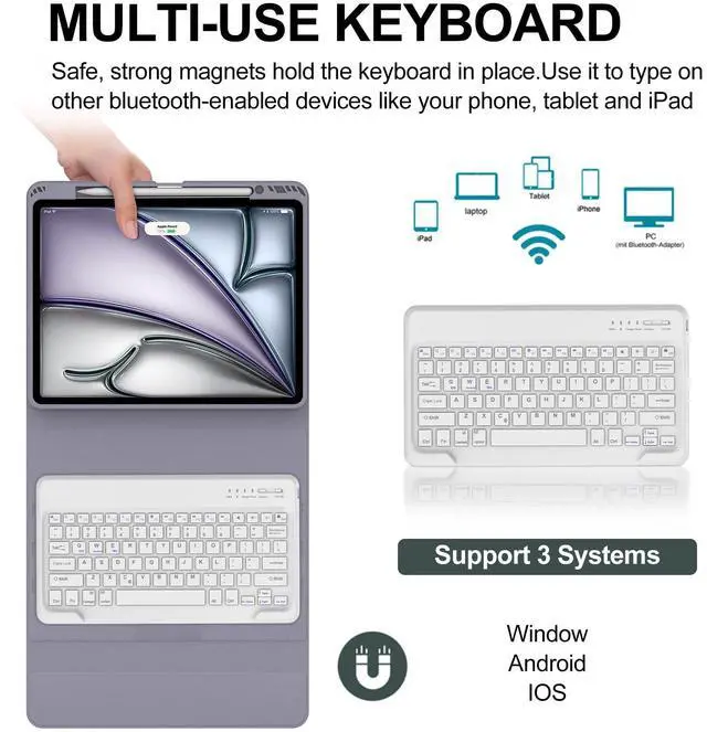 Alt view image 2 of 5 - BORIYUAN iPad Air 13 inch Case Keyboard (M3 2025 / M2 2024), Detachable Bluetooth Keyboard, Auto Sleep/Wake, Long Battery Life, Slim Cover with Pencil Holder for iPad 12.9 6th/5th/4th/3rd - Lavender
