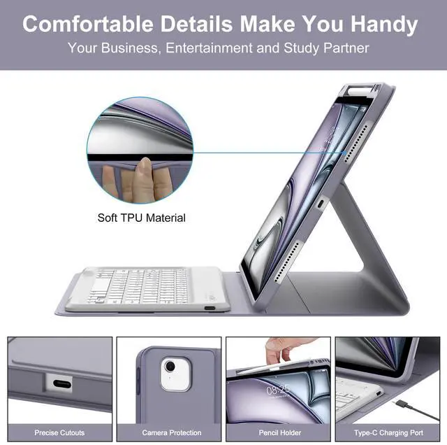 Alt view image 5 of 5 - BORIYUAN iPad Air 13 inch Case Keyboard (M3 2025 / M2 2024), Detachable Bluetooth Keyboard, Auto Sleep/Wake, Long Battery Life, Slim Cover with Pencil Holder for iPad 12.9 6th/5th/4th/3rd - Lavender