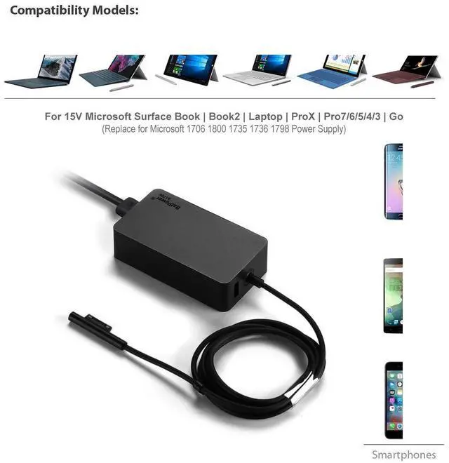 Alt view image 2 of 5 - BatPower 15V 4A Surface Charger 65W Compatible with Microsoft Surface Book Laptop Surface Pro X 7 6 5 4 3 Go Tablet 1706 Power Supply Ac Adapter Cord, 5V 1A USB Charge for Tablet and Smartphone