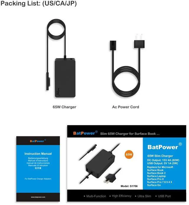 Alt view image 5 of 5 - BatPower 15V 4A Surface Charger 65W Compatible with Microsoft Surface Book Laptop Surface Pro X 7 6 5 4 3 Go Tablet 1706 Power Supply Ac Adapter Cord, 5V 1A USB Charge for Tablet and Smartphone