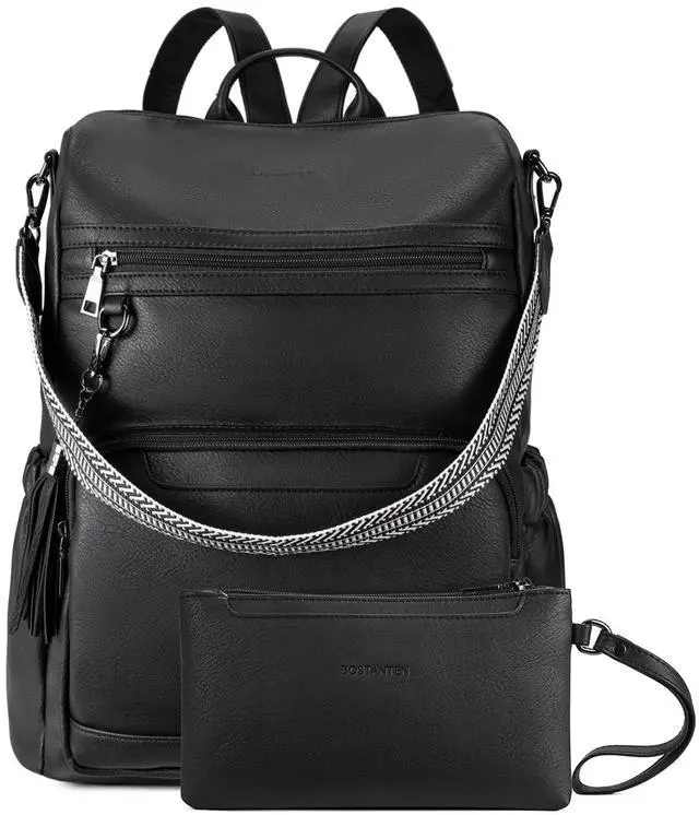Main image of BOSTANTEN Leather Laptop Backpack for Women Designer Travel Backpack with Laptop Compartment Ladies Computer Shoulder Bags Black