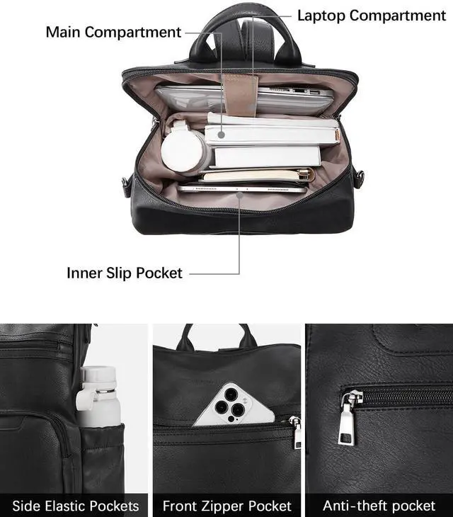 Alt view image 3 of 5 - BOSTANTEN Leather Laptop Backpack for Women Designer Travel Backpack with Laptop Compartment Ladies Computer Shoulder Bags Black