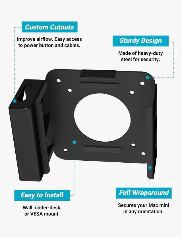 Alt view image 3 of 5 - Under Desk Mount Stand for Mac mini M4/M4 Pro, with Side Compartment for External SSD,Carbon Steel Wall Mount, Metal Wall Mounted VESA Compatible with Mac-mini M4 Pro 2024 Stand(Black)