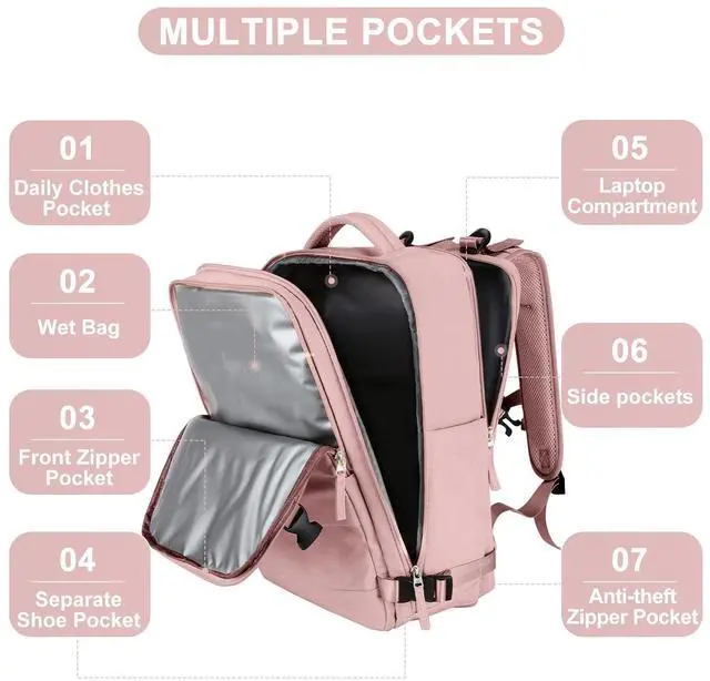 Alt view image 3 of 5 - coofay Personal Item Travel Backpack for Women Airline Approved Carry on Backpack Flight Approved Waterproof Sports Luggage Backpack Casual Daypack Small Hiking Backpack Pink Backpack
